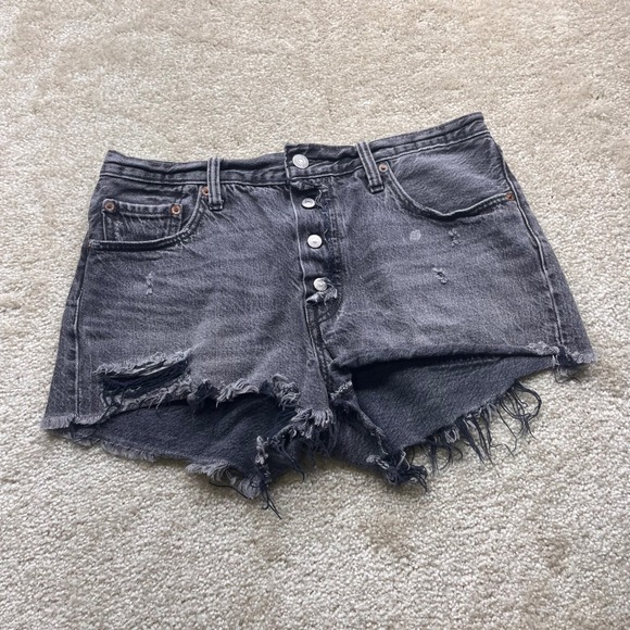 Levi's Pants - Levis 501 Original Distressed Denim Shorts Faded Black Button Fly Raw Hem 31